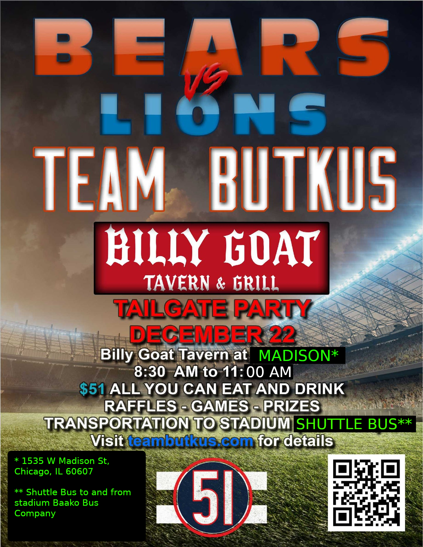 Team Butkus Tailgate Ticket (12/22)